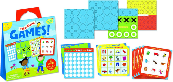 Travel game set in a blue handled case with boards and sheets of red, yellow, green, and blue vinyl cling stickers.