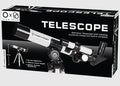 Refractor telescope box showing a white and black telescope on a tabletop tripod with lens specifications.