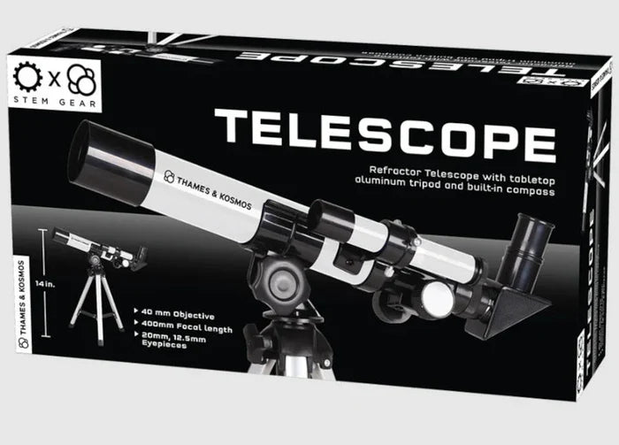 Refractor telescope box showing a white and black telescope on a tabletop tripod with lens specifications.