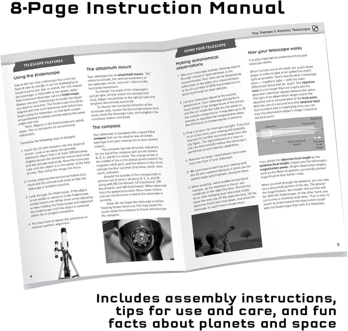 Open 8-page telescope manual showing diagrams and photos of assembly tips, usage instructions, and space facts.