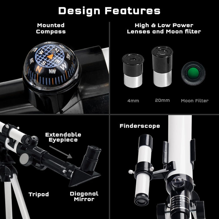 Telescope design features: mounted compass, 4mm and 20mm lenses, moon filter, tripod, finderscope, and diagonal mirror.