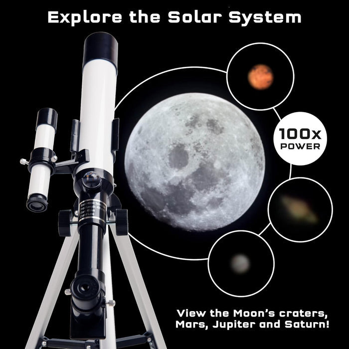 White telescope on a tripod with circular insets of the moon, Mars, Saturn, and Jupiter at 100x power.