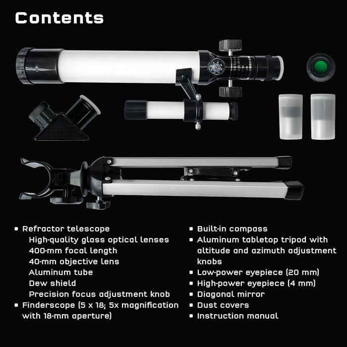 White and black refractor telescope with tabletop tripod, finderscope, and accessories on a black background.