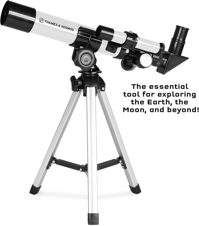 White and black Thames & Kosmos telescope on a silver tripod with a finder scope and diagonal eyepiece.