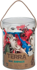Clear tube of 60 red, blue, and white plastic sharks, crabs, and octopuses with a rope handle and paper Terra label.
