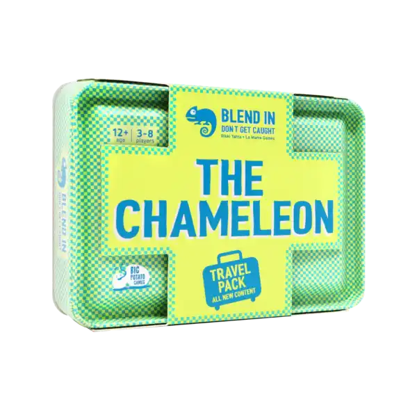 Green and yellow checkered tin with a yellow sleeve, bold blue text, and a blue travel pack suitcase icon.