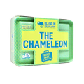 Green and yellow checkered tin with a yellow sleeve, bold blue text, and a blue travel pack suitcase icon.