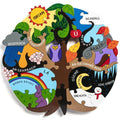 Tree-shaped wooden puzzle with four colorful seasons labeled in Irish, featuring a sun, rainbow, owl, and snowman.