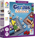 Genius Square STEM game box with colorful polyomino blocks, coordinate dice, and wooden cylinders on grid boards.