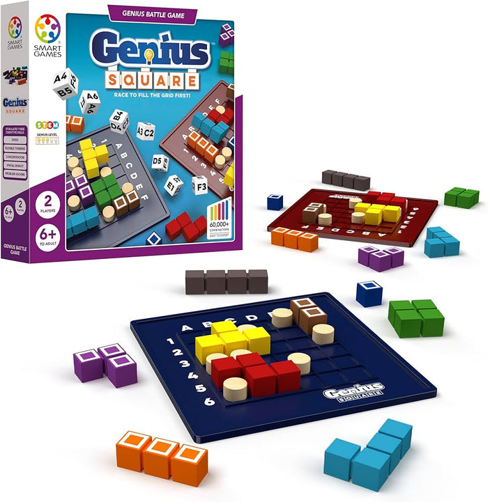 Purple game box, two square grids with colorful 3D blocks, round wooden blockers, and dice on a white background.