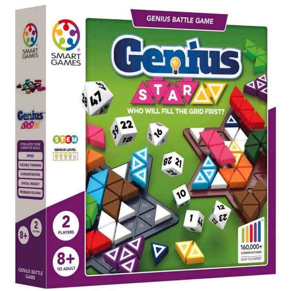 Genius Star game box featuring star-shaped grids, colorful triangular pieces, and dice on a green background.