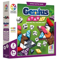 Genius Star game box featuring star-shaped grids, colorful triangular pieces, and dice on a green background.