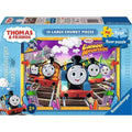 Blue Ravensburger box for a 16-piece Thomas & Friends floor puzzle featuring colorful cartoon engines on tracks.