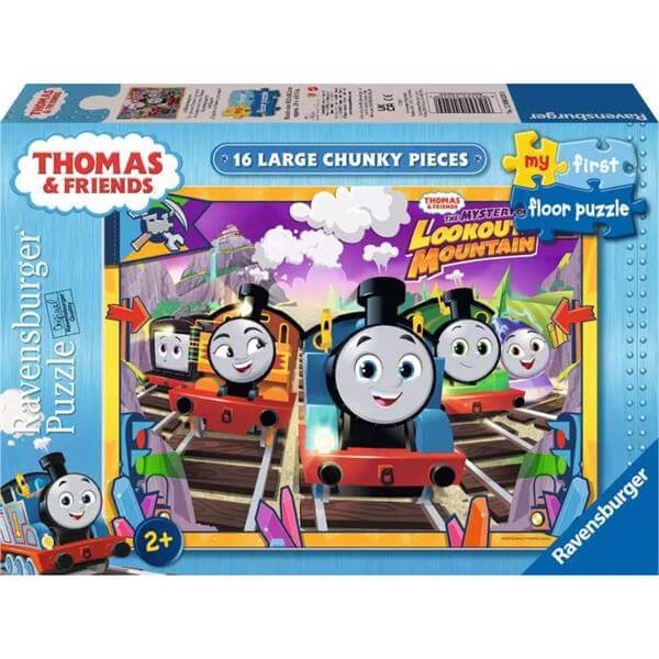 Blue Ravensburger box for a 16-piece Thomas & Friends floor puzzle featuring colorful cartoon engines on tracks.