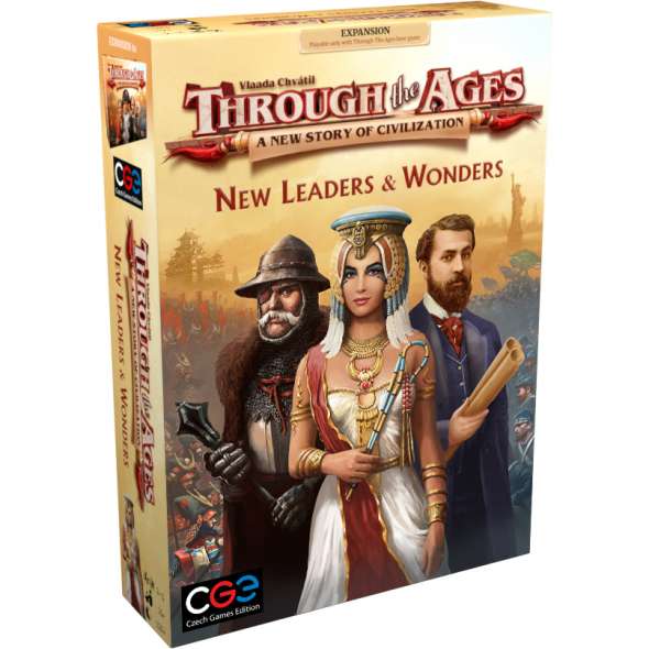 Tan board game expansion box featuring an Egyptian queen, a soldier with a mace, and a man holding scrolls.