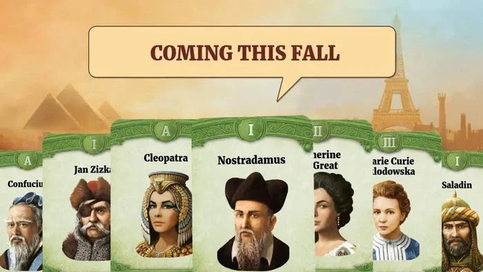 Seven green leader cards with historical portraits like Cleopatra against global landmarks. Text: COMING THIS FALL.