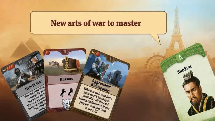 Sun Tzu and military game cards over a sepia background of the Eiffel Tower and Egyptian pyramids.