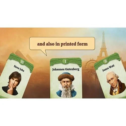 Green leader cards with portraits of Steve Jobs, Johannes Gutenberg, and James Watt against a sepia landscape.