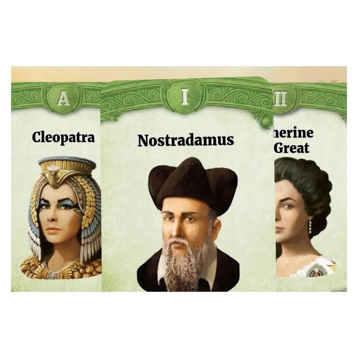 Three green-bordered board game cards featuring portraits of Cleopatra, Nostradamus, and Catherine the Great.