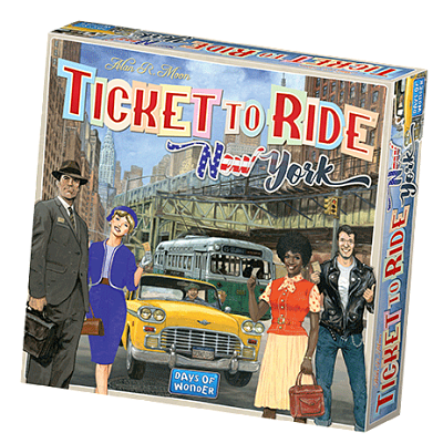 Ticket to Ride New York board game box with a 1960s city scene featuring a yellow taxi, bus, and people in vintage dress.