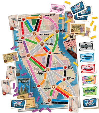 Ticket to Ride New York board game set with Manhattan map, colorful routes, plastic taxi tokens, and transit cards.