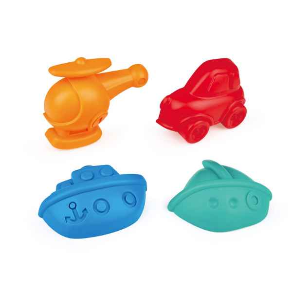 Four plastic sand molds: orange helicopter, red car, blue ship with anchor, and teal boat.