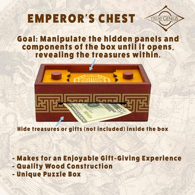 Red and gold rectangular wooden puzzle box with a yellow top and money slot, shown with a bill sticking out.