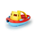 Plastic toy tugboat with a yellow cabin, red deck, and light blue hull, featuring a handle and front pouring spout.
