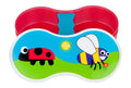 Red figure-eight shaped lunch box with blue separator; lid features a cartoon ladybug, bee, and sun.
