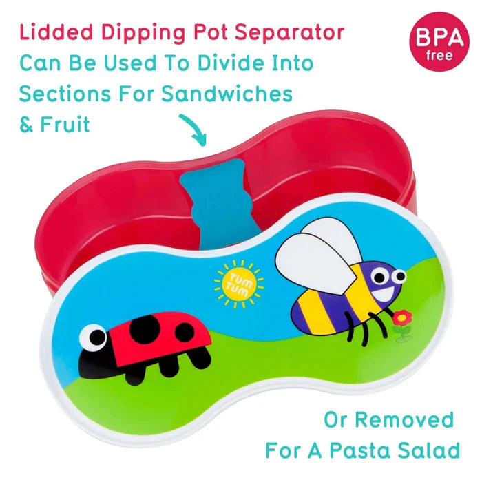 Red kidney-shaped lunch box with blue divider and a colorful lid featuring a cartoon bee and ladybug.