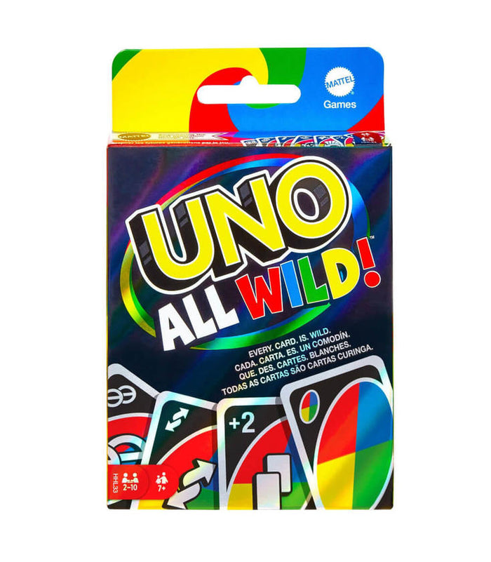 UNO All Wild card game box featuring bold white text and colorful wild action cards on a dark background.