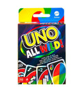 UNO All Wild card game box featuring bold white text and colorful wild action cards on a dark background.