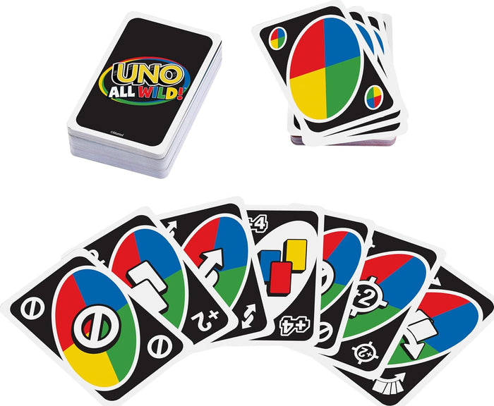 UNO All Wild card deck and fanned hand of black cards with colorful four-color circles and various wild action symbols.