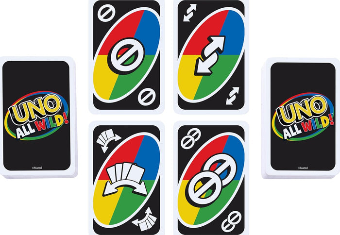 UNO All Wild cards with black backgrounds, colorful center ovals, and white action symbols for Skip and Reverse.