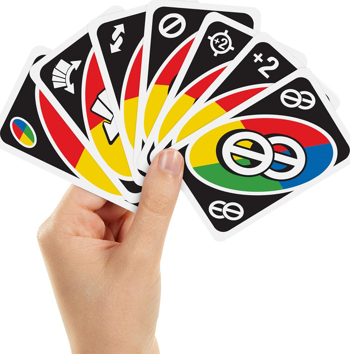 Hand holding a fan of black playing cards with colorful centers and white action icons like skip, reverse, and draw two.
