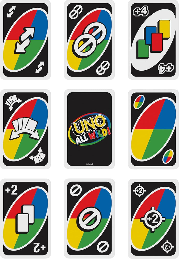 A 3x3 grid of black Uno All Wild cards featuring colorful red, blue, yellow, and green centers with white action symbols.