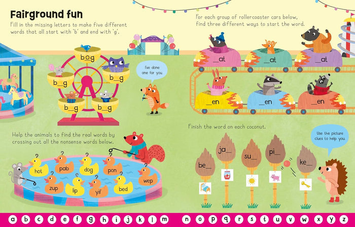 Brightly illustrated fairground activity page with word puzzles, cartoon animals on rides, and an alphabet strip.