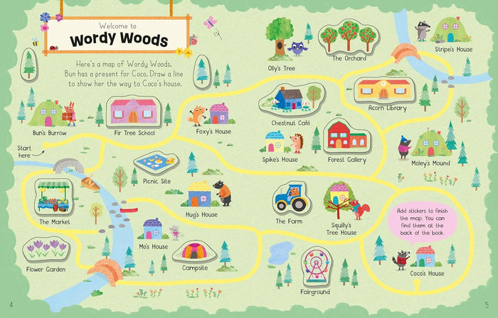 Illustrated map of Wordy Woods featuring cartoon animals, houses, and landmarks connected by yellow paths.