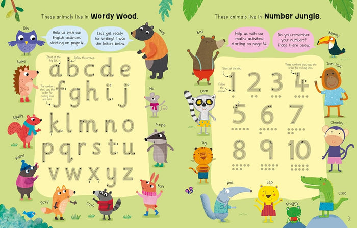 Illustrated two-page spread with alphabet and number tracing exercises surrounded by cute forest and jungle animals.
