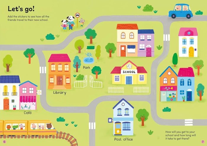 Brightly colored children's sticker book page with a town map, school, library, park, and animal characters.