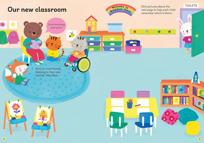 Vibrant book spread of an animal classroom with a bear teacher, cute students, art easels, and colorful storage bins.