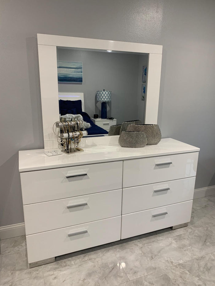 VERENA Glossy White 63" Wide Dresser & Mirror