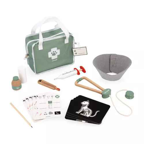 Sage green toy vet bag with wooden medical tools, stethoscope, X-ray cards, and a grey pet cone.