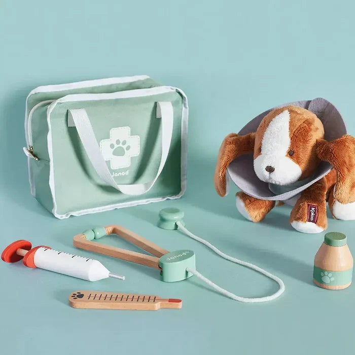 Janod vet kit with green fabric bag, plush dog wearing a cone, and wooden stethoscope, syringe, and thermometer.