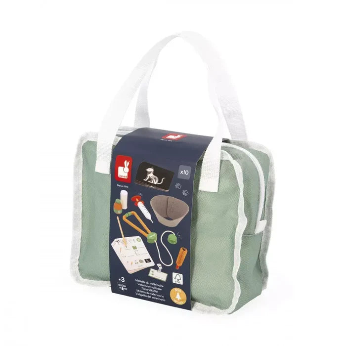 Sage green fabric toy veterinarian bag with white handles and a blue sleeve showing illustrated medical tools.
