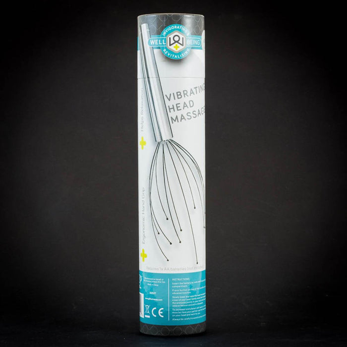 White and blue cylindrical tube packaging featuring a silver wire head massager illustration and grey product title.