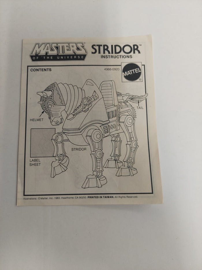 Vintage 1983 Masters of the Universe Stridor Instructions