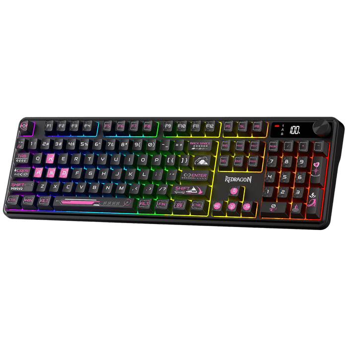 Redragon K526 PRO RGB Wireless Membrane Gaming Keyboard, 104 Keys Mechanical-Feel Keyboard w/LED Info Display, Media/Backlit Knob Control, Smooth Linear Switch & Software Supported | show