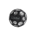 Black spherical bouncy ball with metallic silver circular craters and gray Waboba branding.
