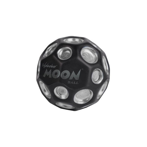 Black spherical bouncy ball with metallic silver circular craters and gray Waboba branding.